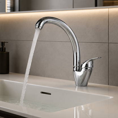 Robinet de Cuisine Chromé Brillant LB00C, Robinet Cygne Pivotant, Cartouche Céramique, Ensemble Complet avec Raccords et Système de Fixation