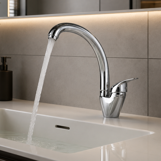 Robinet de Cuisine Chromé Brillant LB00C, Robinet Cygne Pivotant, Cartouche Céramique, Ensemble Complet avec Raccords et Système de Fixation