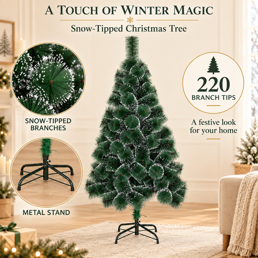 MONTIA Sapin Artificiel, 180 cm, 220 Pointes, Support en Métal, Aiguilles Vertes avec Pointes Blanches