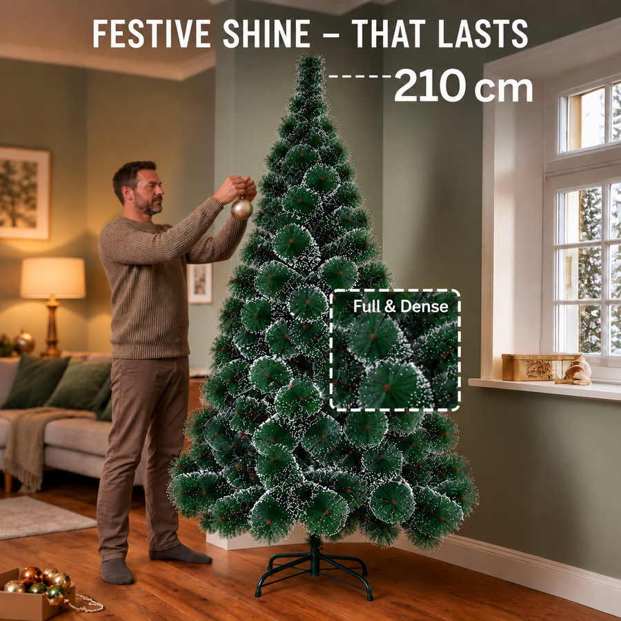 MONTIA Sapin Artificiel, 210 cm, 280 Pointes, Support en Métal, Aiguilles Vertes avec Pointes Blanches