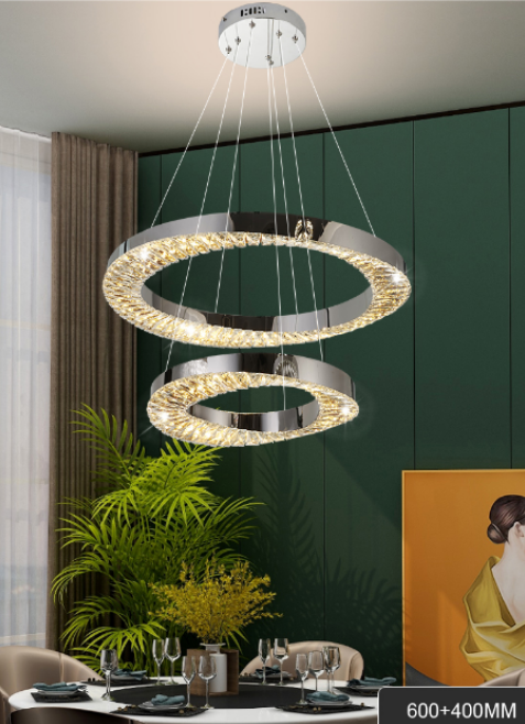 Lustre LED CC31212/60X40CH, diamètre 40+60 cm, hauteur 120 cm, IP20, lumière froide/neutre/chaude, variable, argent, cristal, acier
