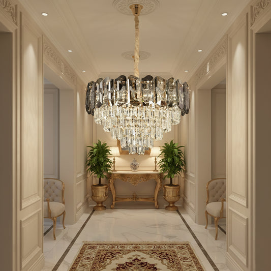Candelabru Cristal AURUM Petito 3xE14, Diametru 30cm, Inaltime 28cm, Auriu Lucios, Inaltime Reglabila, Design Elegant