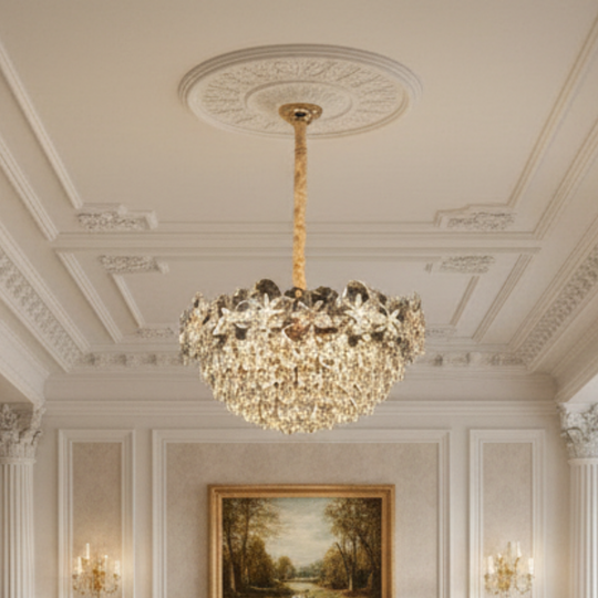 Lustre en cristal JARDIN Eleganza 9xE14, diamètre 50 cm, hauteur 30 cm, or brillant, hauteur réglable, design élégant