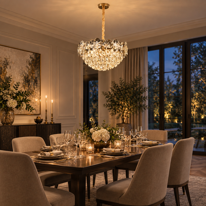 Lustre en cristal JARDIN Eleganza 9xE14, diamètre 50 cm, hauteur 30 cm, or brillant, hauteur réglable, design élégant