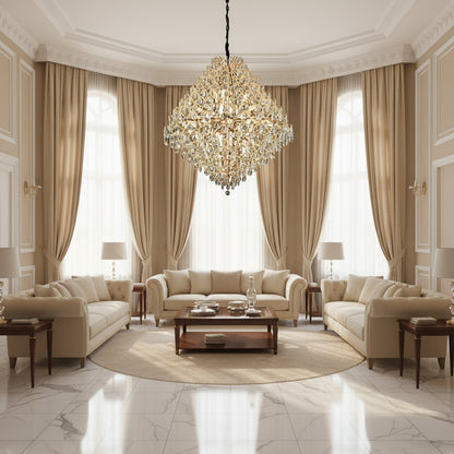 KONIG Grande Lustre en Cristal, 32xE14, D120 cm, Doré, Hauteur réglable, Métal et Cristal