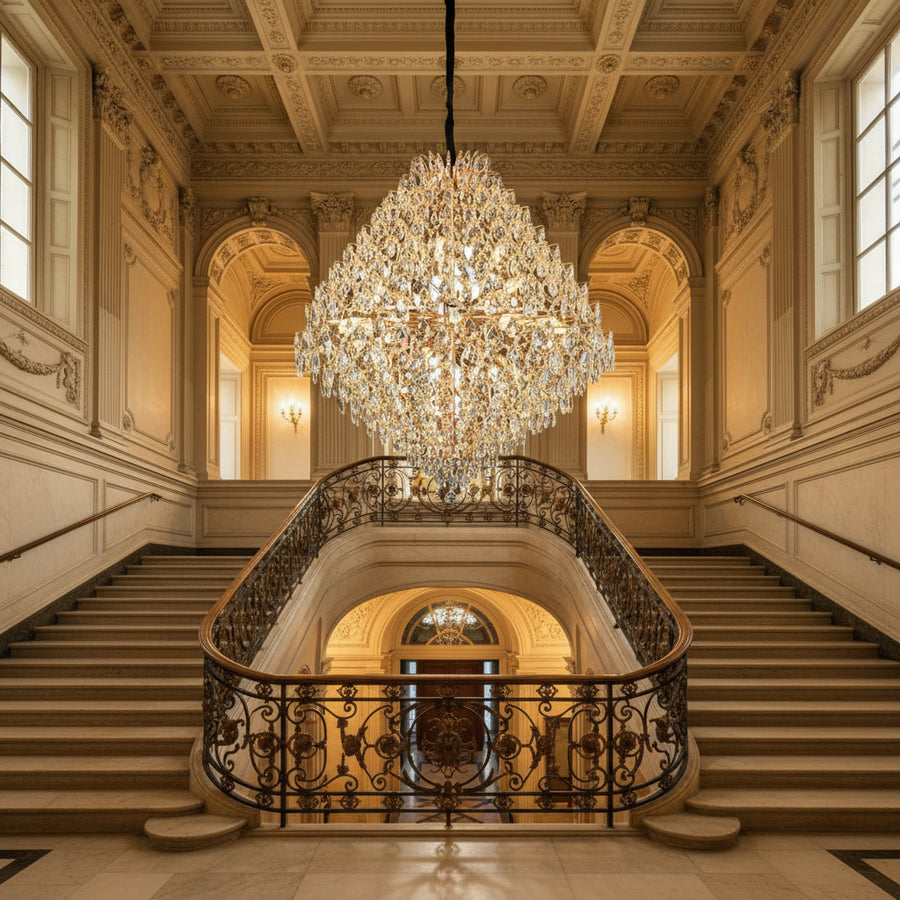 KONIG Grande Lustre en Cristal, 32xE14, D120 cm, Doré, Hauteur réglable, Métal et Cristal