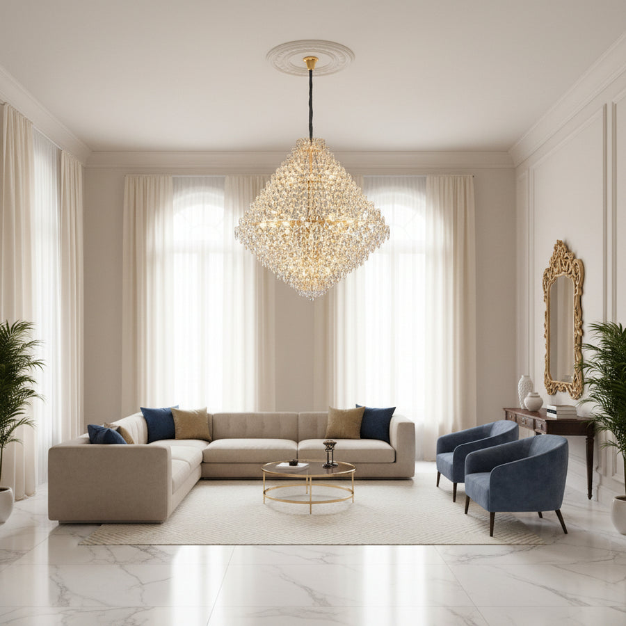 KONIG Lustre en Cristal Grande Supremo, 54xE14, D150 cm, Doré, Hauteur réglable, Métal et Cristal