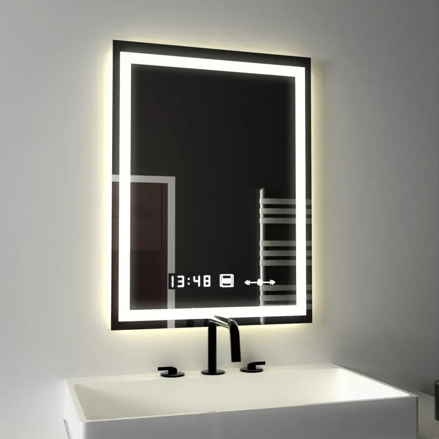 Miroir LED rectangulaire, 45x60 cm, Verite MotionGlow Marcello, système anti-buée, horloge et thermomètre, intensité variable