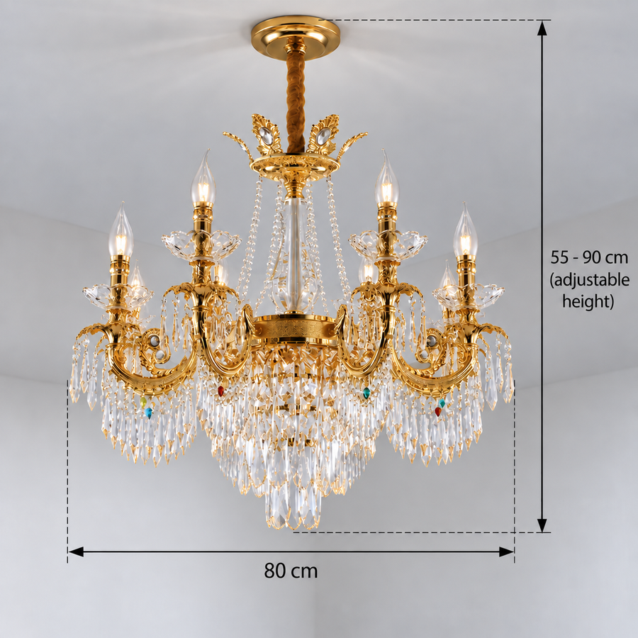 Lustre en cristal 11xE14, D80cm, doré brillant, hauteur réglable, métal et cristal