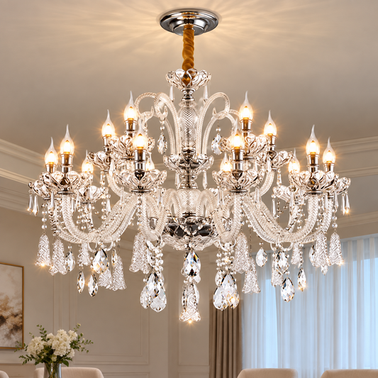 Lustre en cristal 15xE14, D95cm, Argent, Hauteur réglable, Métal et Cristal