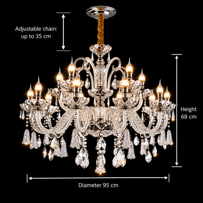 Lustre en cristal 15xE14, D95cm, Argent, Hauteur réglable, Métal et Cristal