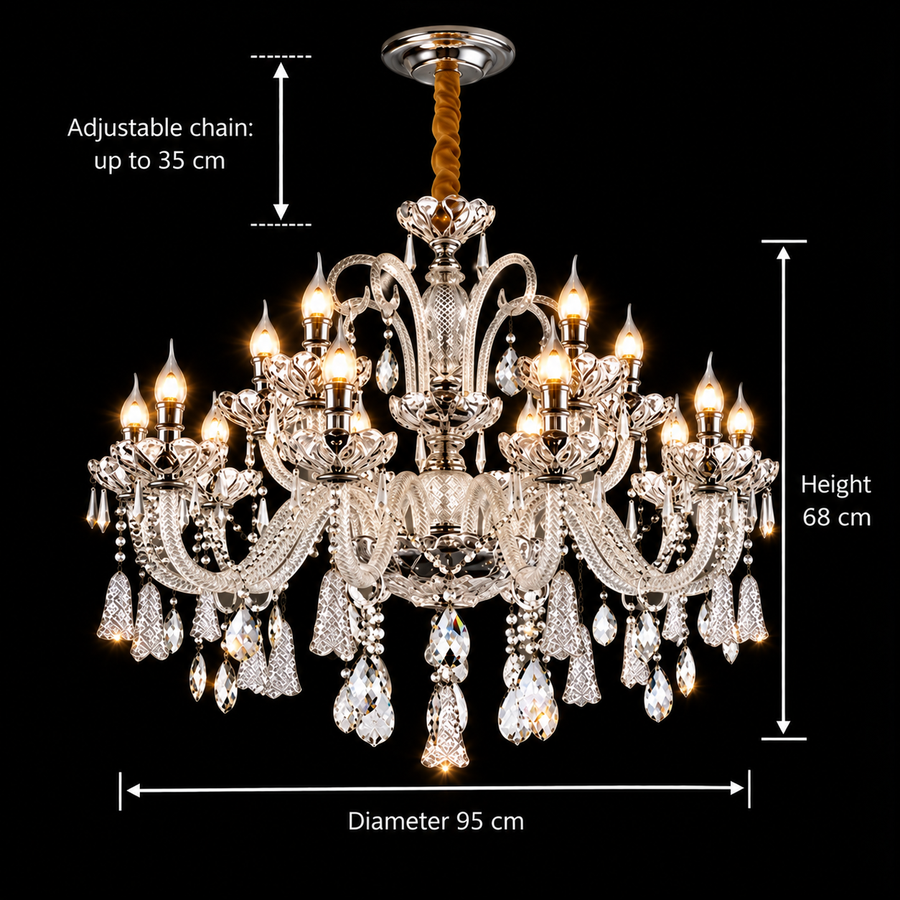 Lustre en cristal 15xE14, D95cm, Argent, Hauteur réglable, Métal et Cristal