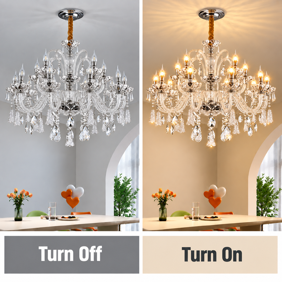 Lustre en cristal 15xE14, D95cm, Argent, Hauteur réglable, Métal et Cristal