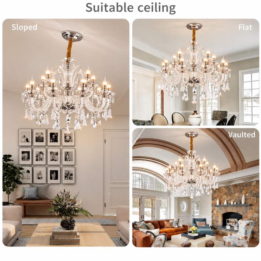 Lustre en cristal 15xE14, D95cm, Argent, Hauteur réglable, Métal et Cristal