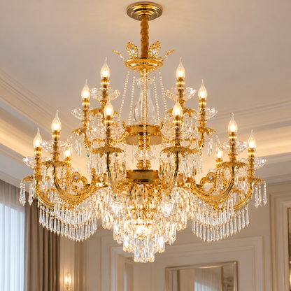Lustre en cristal 19xE14, D95cm, doré brillant, hauteur réglable, métal et cristal