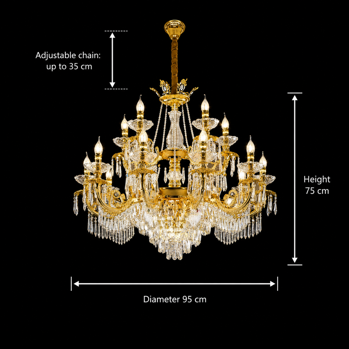 Lustre en cristal 19xE14, D95cm, doré brillant, hauteur réglable, lustres en métal et cristal par défaut titre Alessandro Design