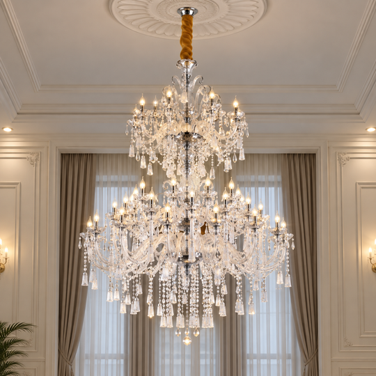 Lustre en cristal, 55xE14, diamètre 145 cm, hauteur 230 cm, argent, hauteur réglable, design élégant