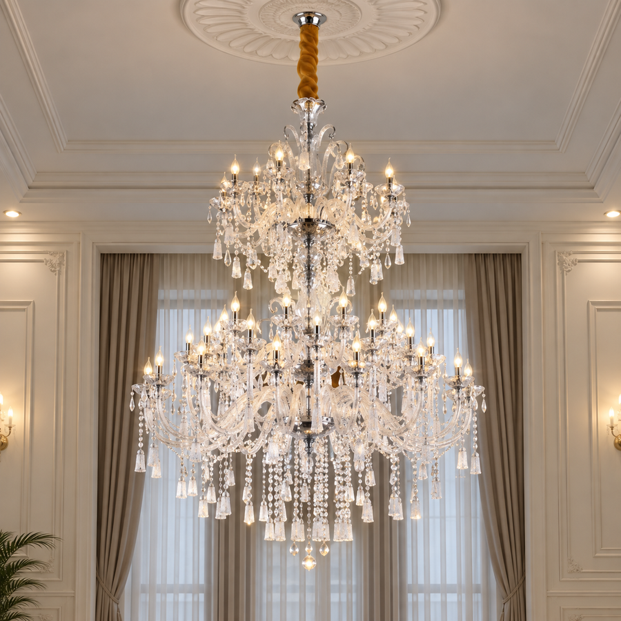 Lustre en cristal, 55xE14, diamètre 145 cm, hauteur 230 cm, argent, hauteur réglable, design élégant