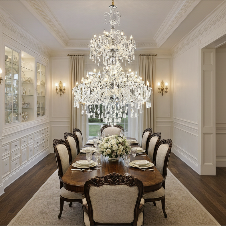 Lustre en cristal, 55xE14, diamètre 145 cm, hauteur 230 cm, argent, hauteur réglable, design élégant Lustres en cristal Titre par défaut Alessandro Design