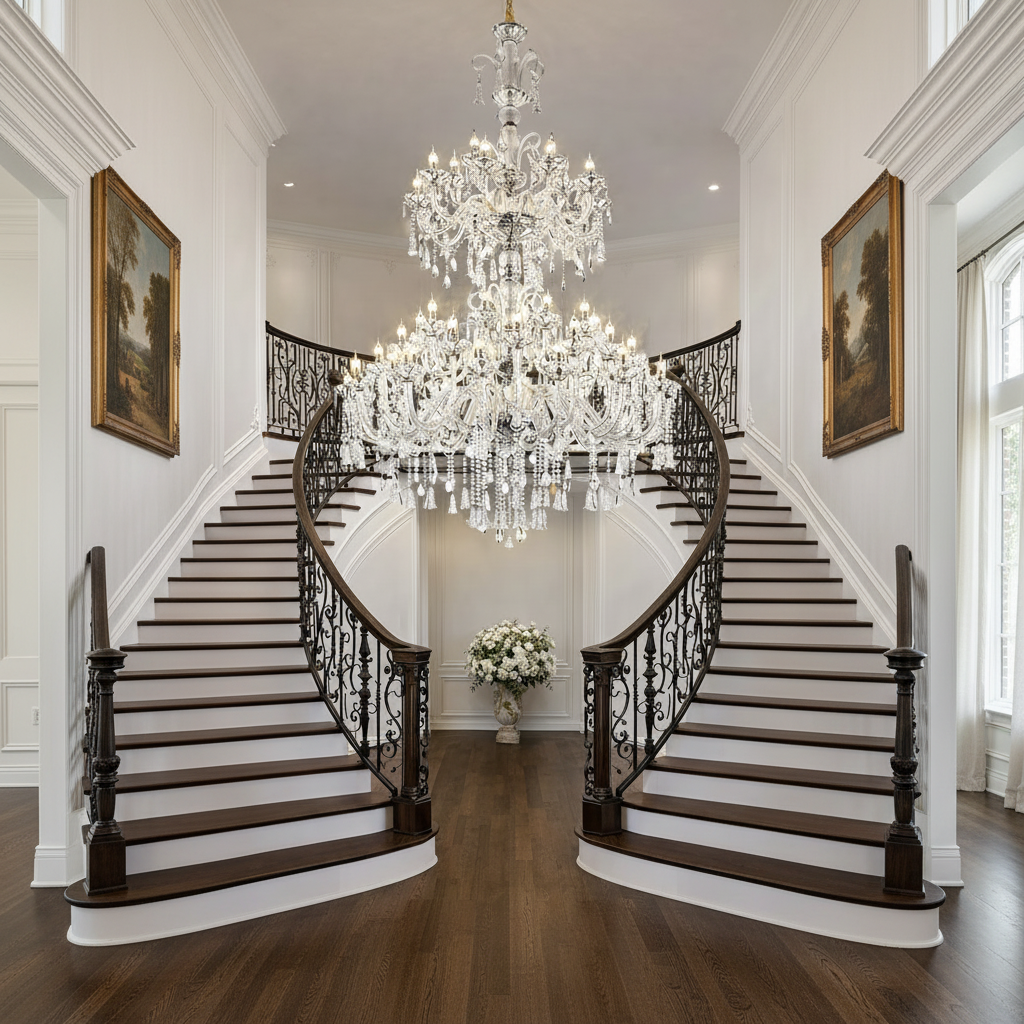 Lustre en cristal, 55xE14, diamètre 145 cm, hauteur 230 cm, argent, hauteur réglable, design élégant Lustres en cristal Titre par défaut Alessandro Design