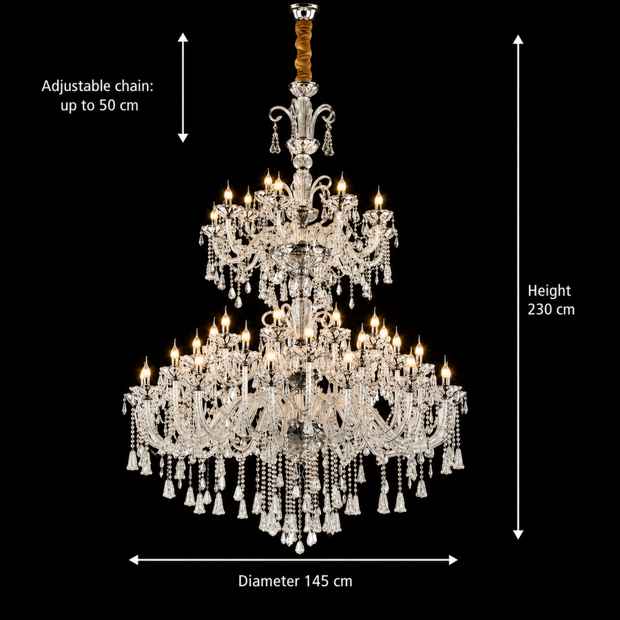 Lustre en cristal, 55xE14, diamètre 145 cm, hauteur 230 cm, argent, hauteur réglable, design élégant