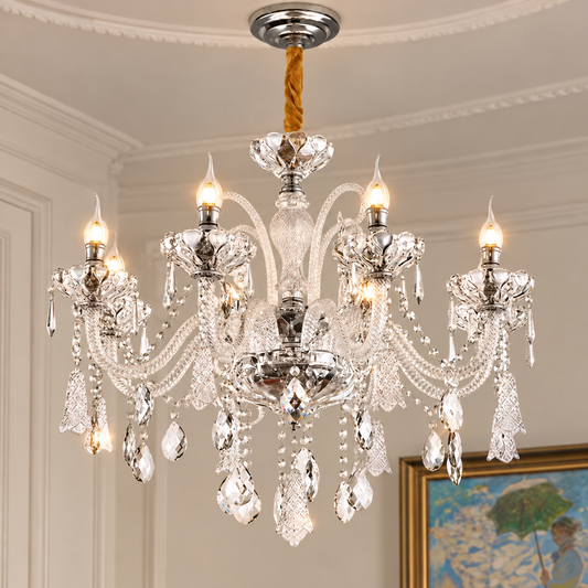 Lustre en cristal 6xE14, D68cm, Argent, Hauteur réglable, Métal et Cristal