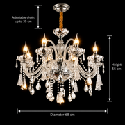 Lustre en cristal 6xE14, D68cm, Argent, Hauteur réglable, Métal et Cristal