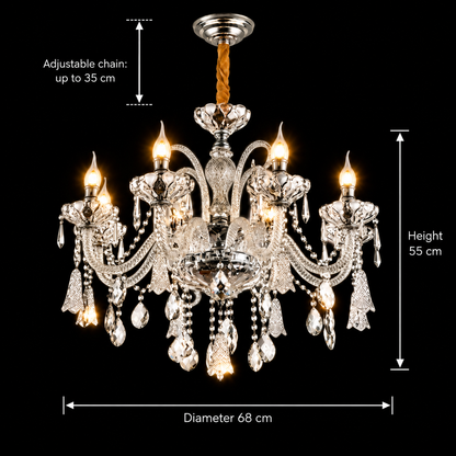 Lustre en cristal 6xE14, D68cm, Argent, Hauteur réglable, Métal et Cristal