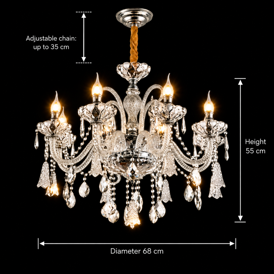 Lustre en cristal 6xE14, D68cm, Argent, Hauteur réglable, Métal et Cristal