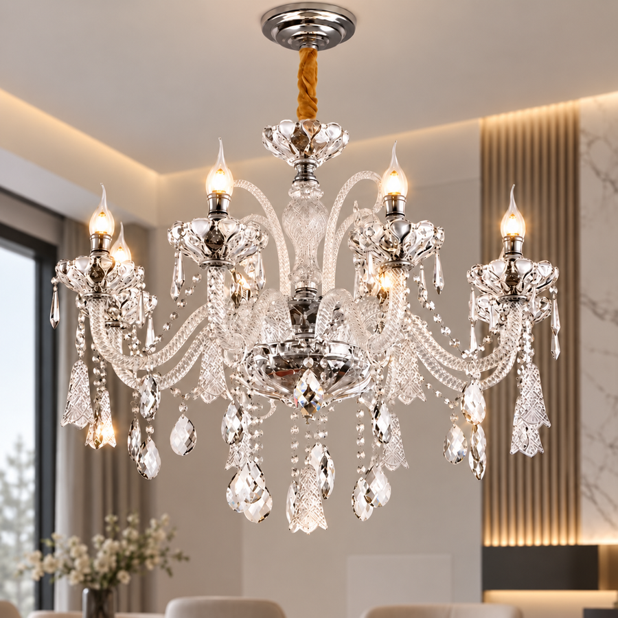 Lustre en cristal 8xE14, D78cm, Argent, Hauteur réglable, Métal et Cristal