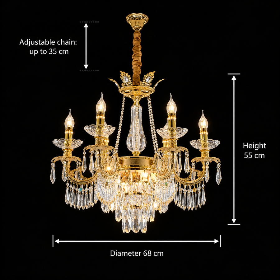 Lustre en cristal 9xE14, D68cm, doré brillant, hauteur réglable, métal et cristal