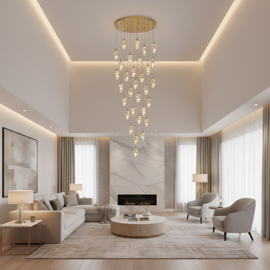 AROHA Lustre LED en Cristal avec Télécommande, Suspendu, 30 Sources, 90W, Lumière Chaude/Neutre/Froide, Diamètre 60cm, Hauteur Réglable, Doré, Métal et Cristal