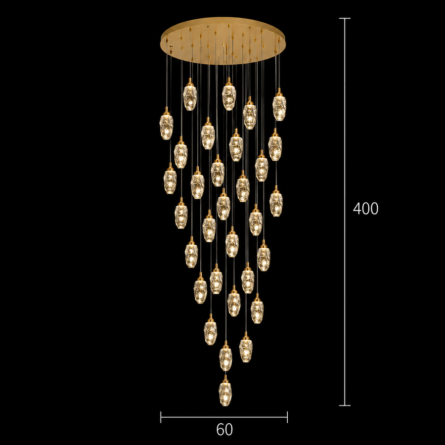 Lustre LED suspendu en cristal, Justinien, diamètre 60 cm, hauteur réglable, doré, métal et cristal