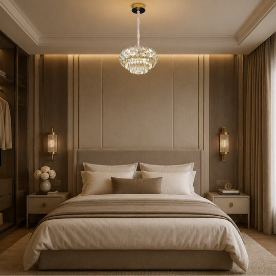 BANO Nobile Lustre en Cristal, 24W, 4xE14, Lumière Froide/Chaude/Neutre, Hauteur Réglable, Métal et Cristal, Doré