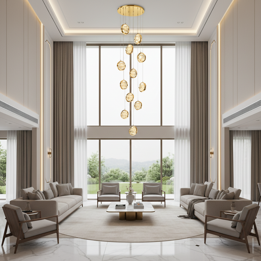 Lustre LED suspendu en cristal, Justinien, diamètre 60 cm, hauteur réglable, doré, métal et cristal