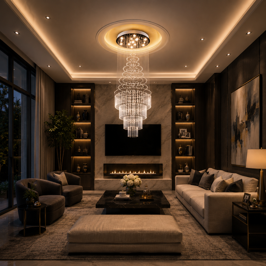 Lustre LED en cristal 80W AUGUSTA Or, diamètre 50cm, hauteur 200cm, modèle échelle