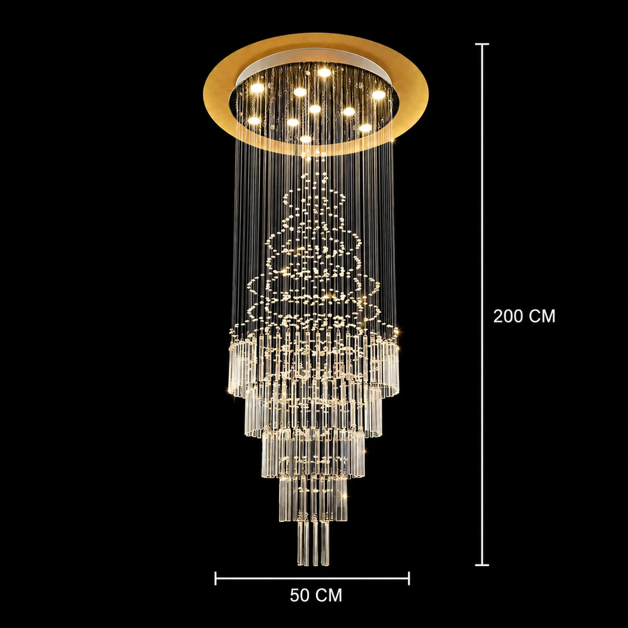 Lustre LED en cristal 80W AUGUSTA Or, diamètre 50cm, hauteur 200cm, modèle échelle