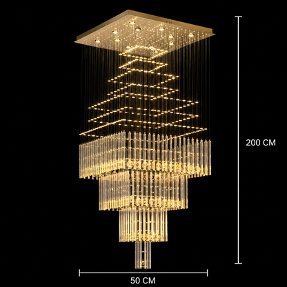 Lustre LED Cristal 80W FLORENTIA Or, Diamètre 50cm, Hauteur 200cm, Modèle Échelle