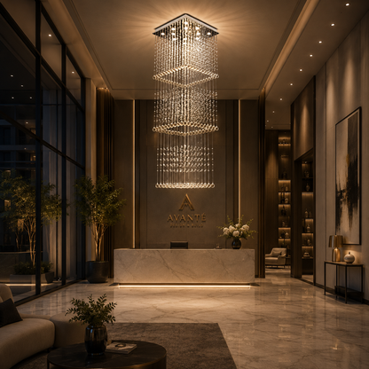 Lustre LED en cristal 80W PALATINA Or, diamètre 50cm, hauteur 200cm, modèle échelle