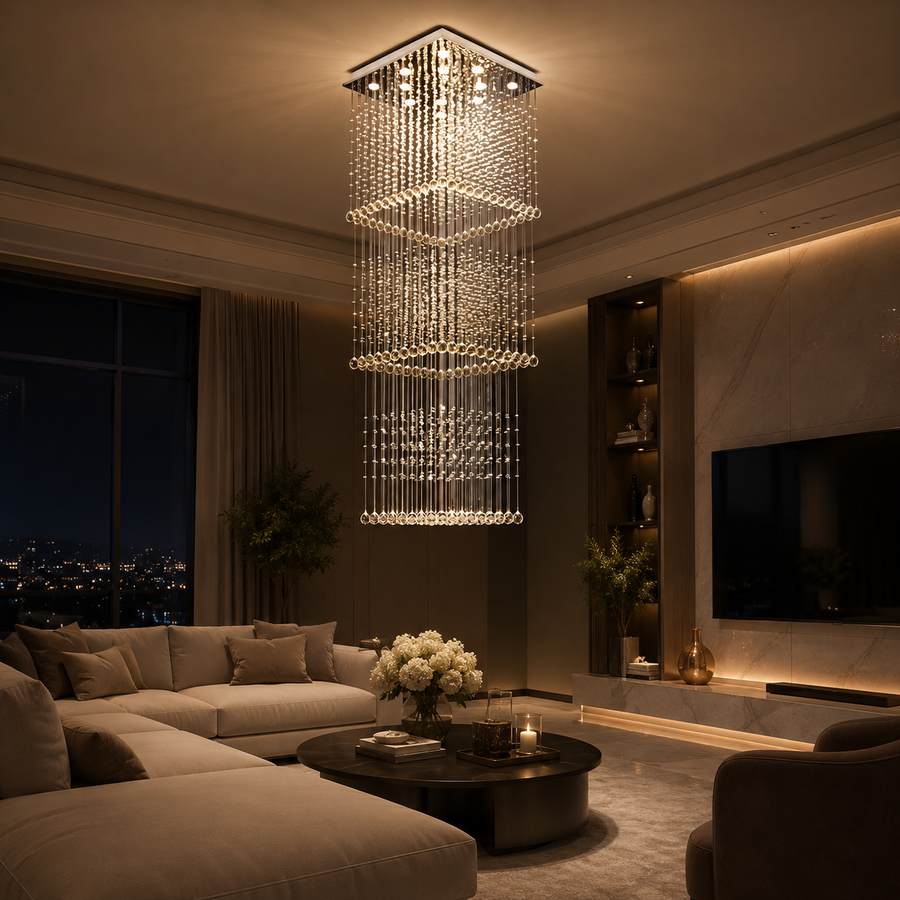 Lustre LED en cristal 80W PALATINA Or, diamètre 50cm, hauteur 200cm, modèle échelle