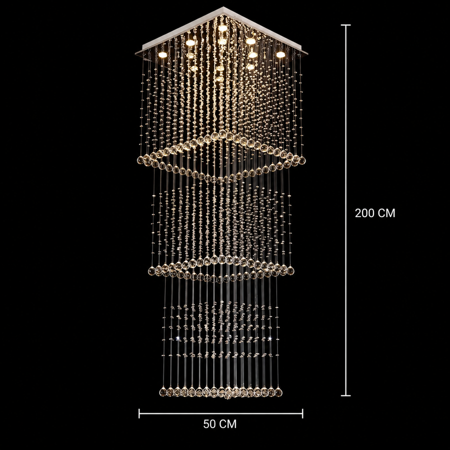 Lustre LED en cristal 80W PALATINA Or, diamètre 50cm, hauteur 200cm, modèle échelle
