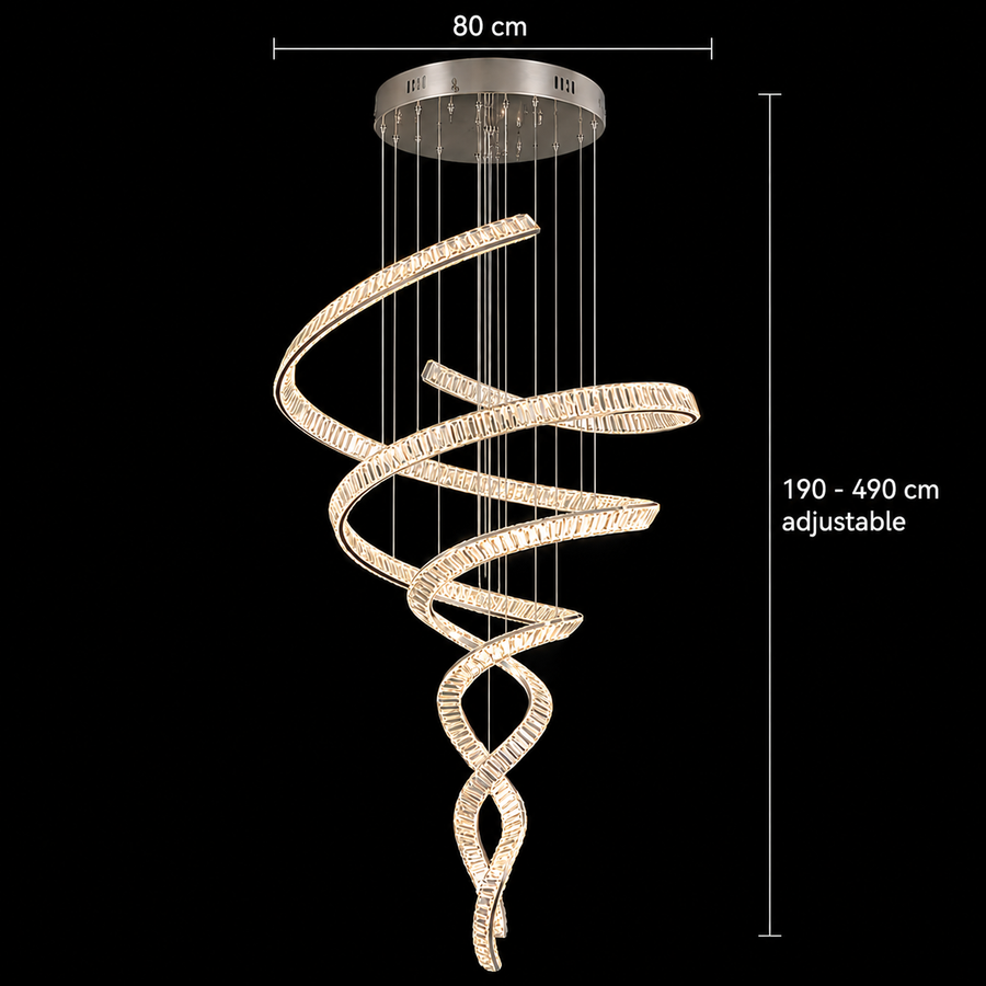 Candelabru Cristal LED IRON MAN, Diametru 80cm, Lumina 3000K/4000K/6000K, Metal si Cristal, Crom Lucios, Inaltime Reglabila