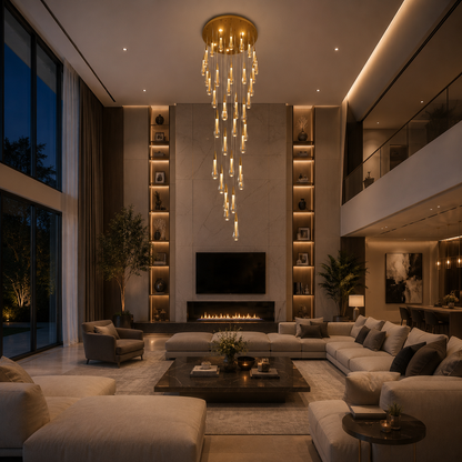 Lustre LED suspendu en cristal, Justinien, diamètre 60 cm, hauteur réglable, doré, métal et cristal