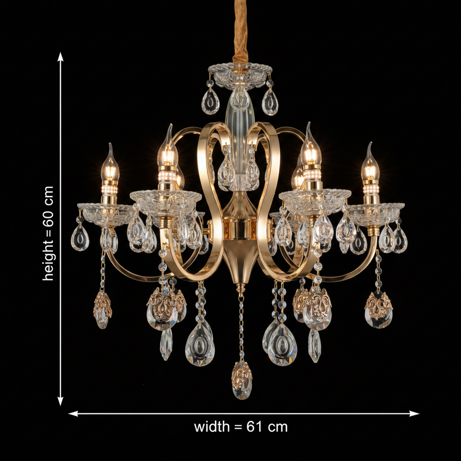 Lustre en cristal PSE Magno, 6xE14, D61cm, hauteur réglable, métal et cristal, doré