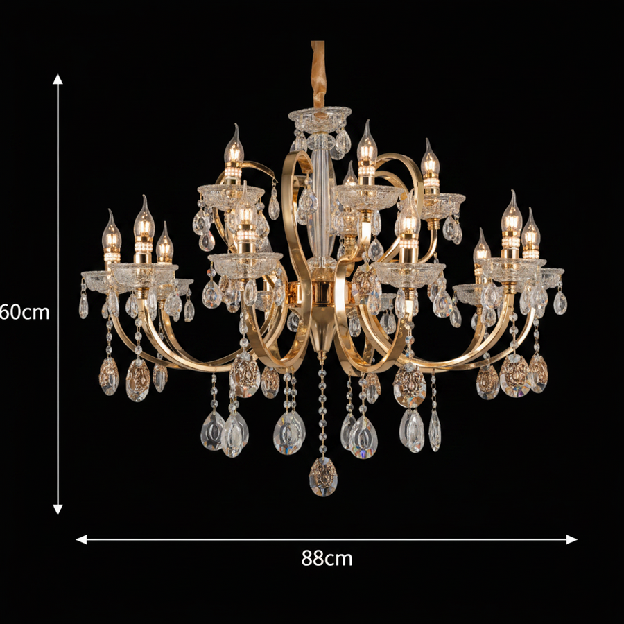 Lustre en cristal PSE Supremo, 12xE14, D88cm, hauteur réglable, métal et cristal, doré