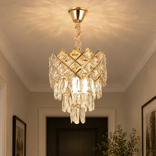 Lustre en cristal VECTORIA Petito 3xE14, diamètre 28cm, doré, hauteur réglable, métal et cristal