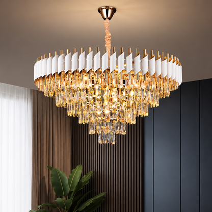 VERSAILLES Lustre en cristal Supremo 12xE14, diamètre 80 cm, or brillant et blanc, hauteur réglable