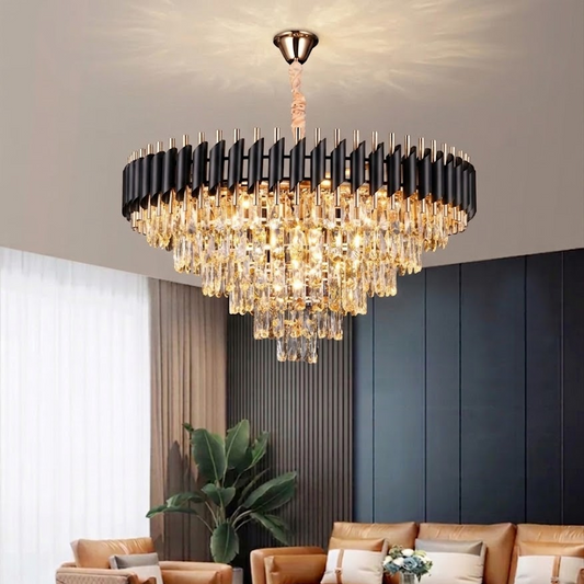 Lustre en cristal VERSAILLES Supremo 12xE14, diamètre 80cm, doré brillant et noir, hauteur réglable