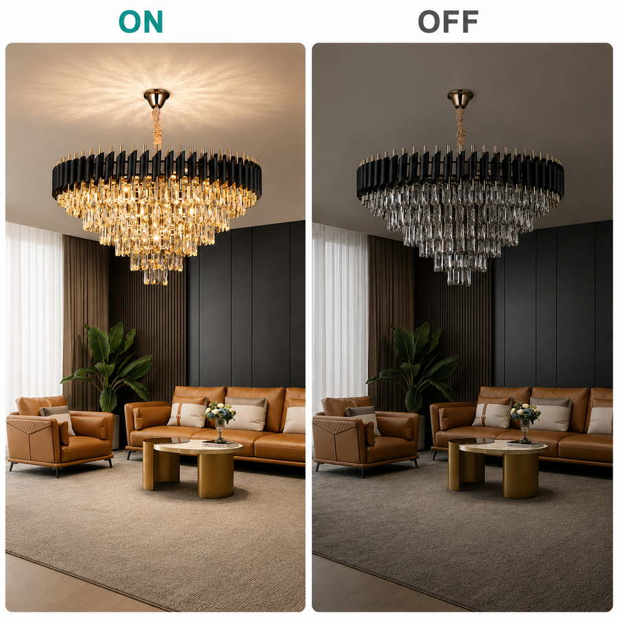 Lustre en cristal VERSAILLES Supremo 12xE14, diamètre 80cm, doré brillant et noir, hauteur réglable