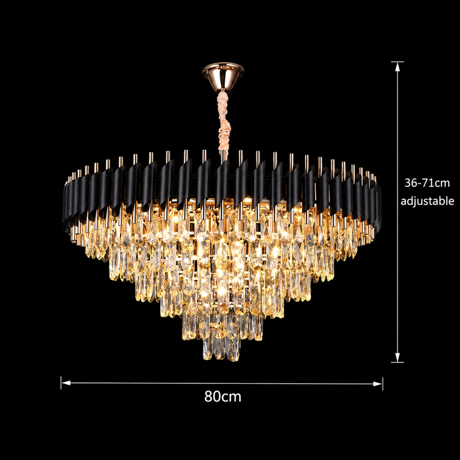 Lustre en cristal VERSAILLES Supremo 12xE14, diamètre 80cm, doré brillant et noir, hauteur réglable